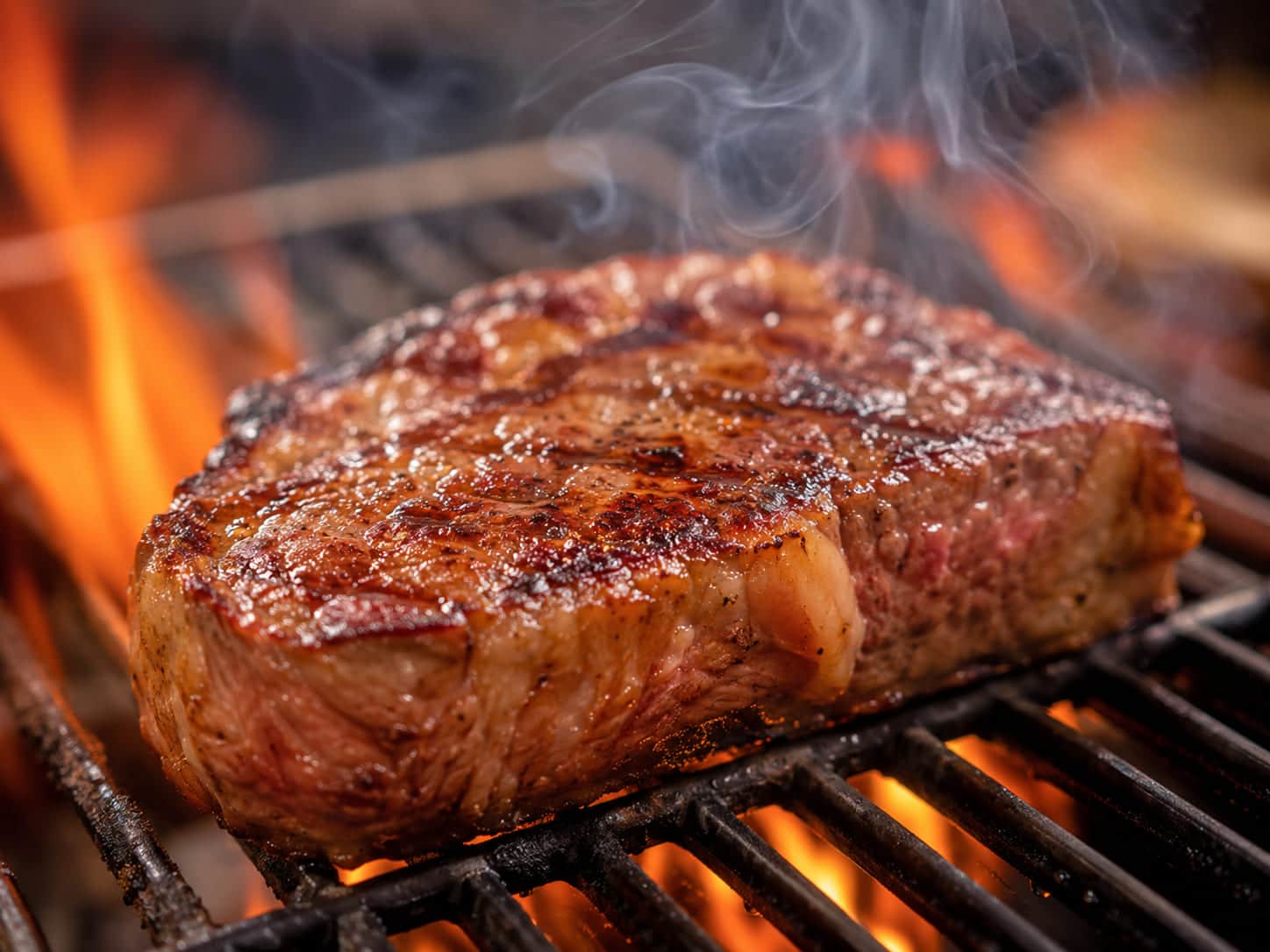 炭火のグリルで表面を焼き上げているステーキ